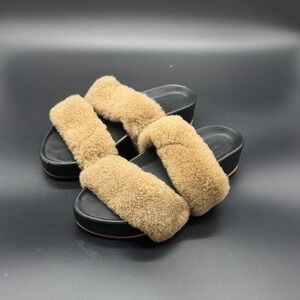 beek Women's Tan Fuzzy Slides Platform Wedge Comfort Sandals Shoes